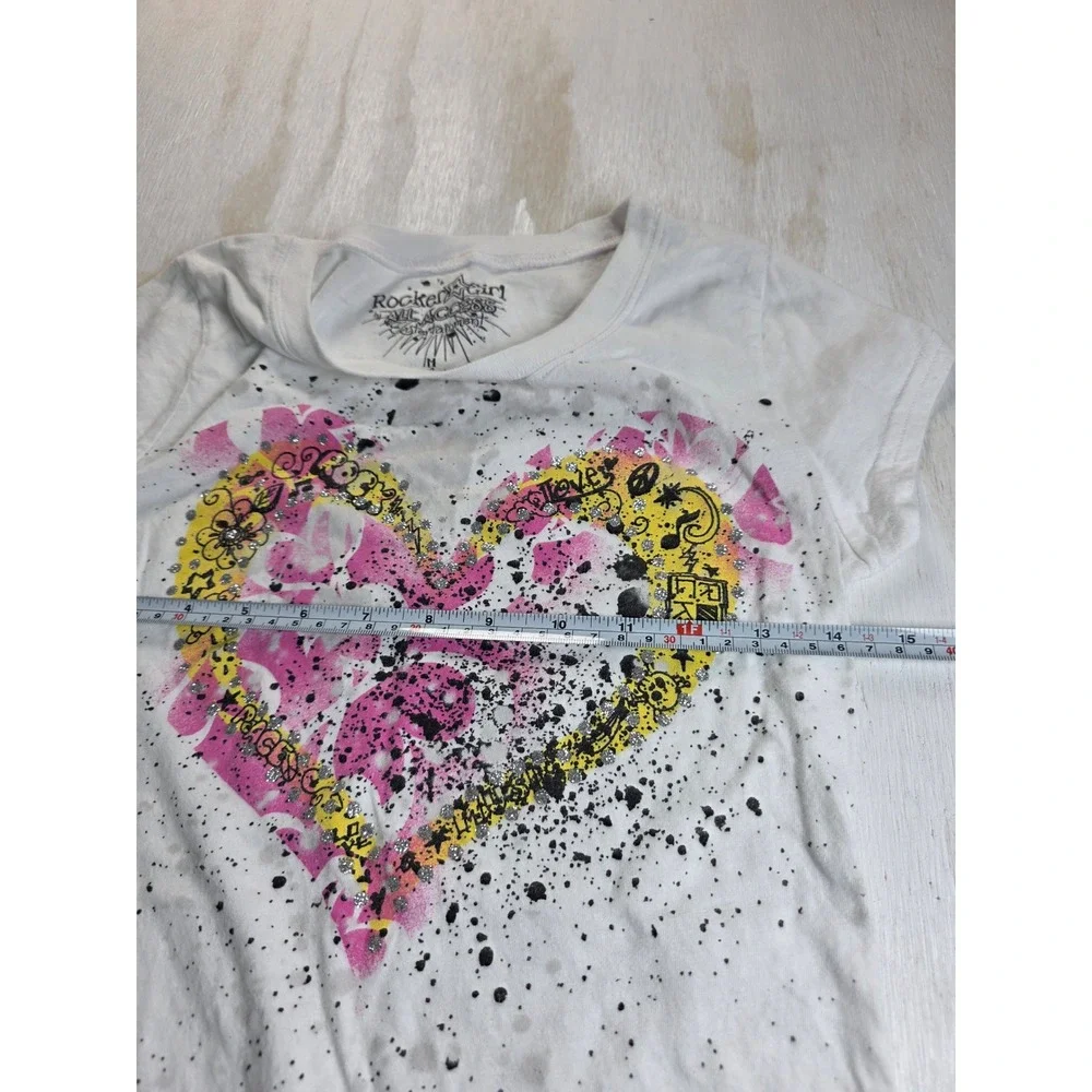 TWO Rocker Girl Heart Graphic T-Shirts Bundle White Pink Y2K Grunge Kids M L
